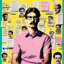 A detailed poster featuring a wall covered with post-it notes, each displaying faces of different characters