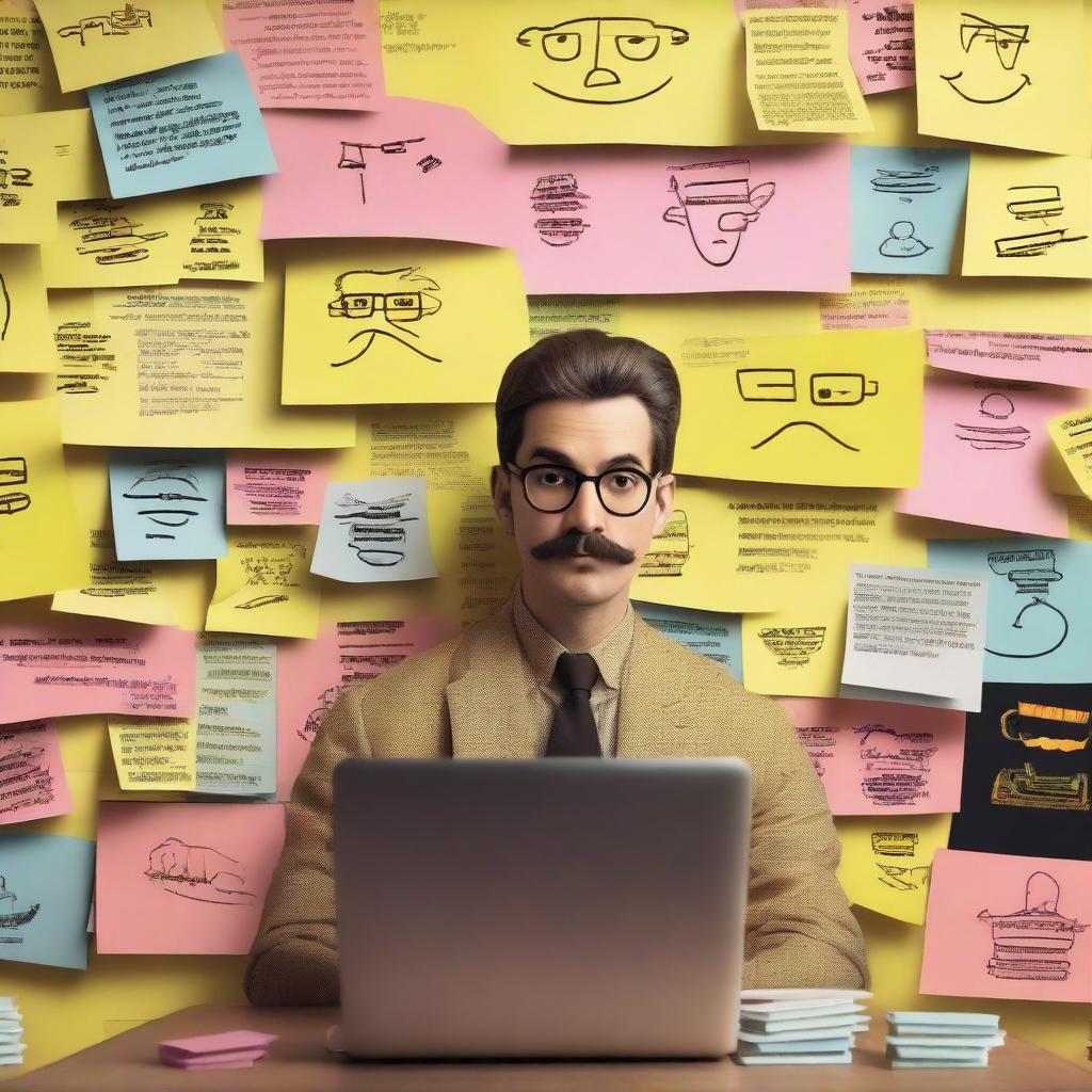 A detailed poster featuring a wall covered with post-it notes, each displaying faces of different characters