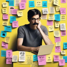 A detailed poster featuring a wall covered with post-it notes, each displaying faces of different characters