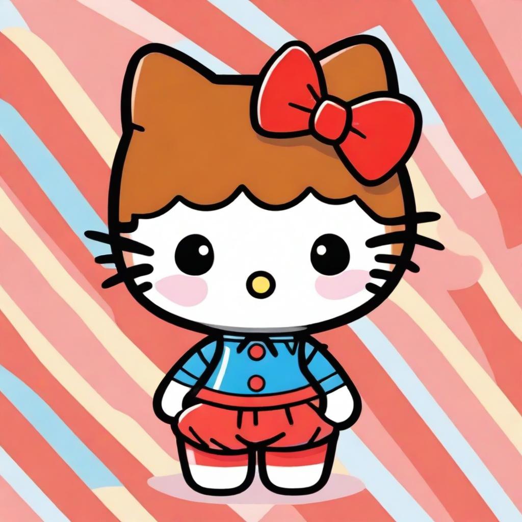 A cute Hello Kitty character with brown skin, wearing her signature red bow and a colorful outfit