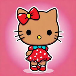 A cute Hello Kitty character with brown skin, wearing her signature red bow and a colorful outfit