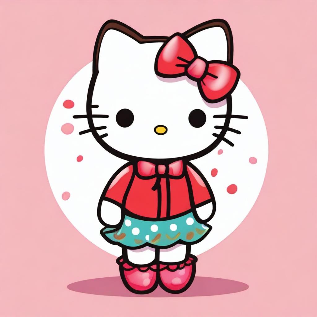 A cute Hello Kitty character with brown skin, wearing her signature red bow and a colorful outfit