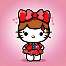 A cute Hello Kitty character with brown skin, wearing her signature red bow and a colorful outfit