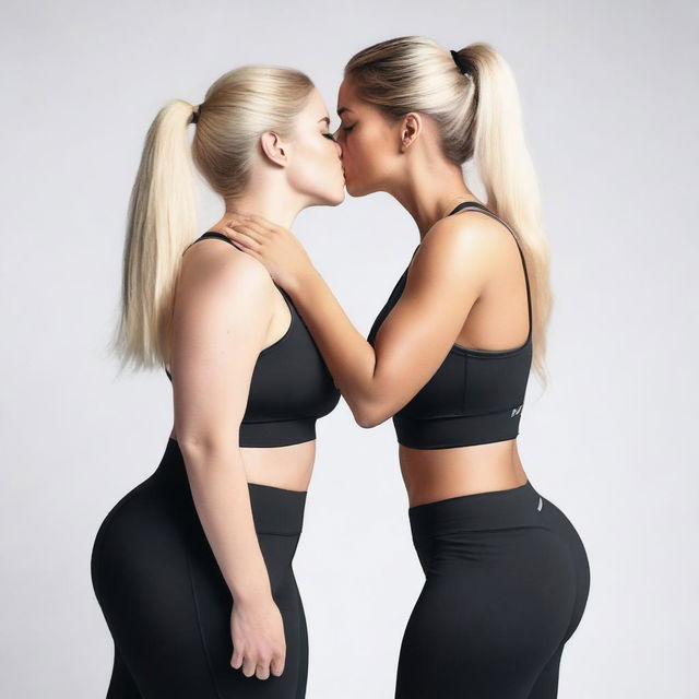 A blonde woman with large breasts wearing black Nike Pro leggings, kissing another woman