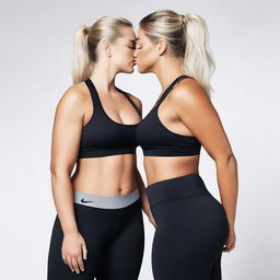 A blonde woman with large breasts wearing black Nike Pro leggings, kissing another woman