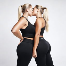 A blonde woman with large breasts wearing black Nike Pro leggings, kissing another woman