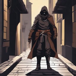 A black and tan rogue character, dressed in dark leather armor with a hood and cloak, standing in a shadowy alleyway