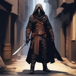 A black and tan rogue character, dressed in dark leather armor with a hood and cloak, standing in a shadowy alleyway