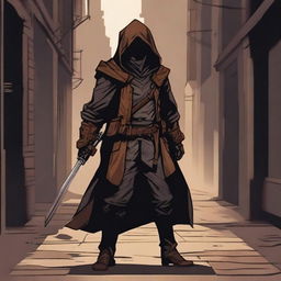 A black and tan rogue character, dressed in dark leather armor with a hood and cloak, standing in a shadowy alleyway