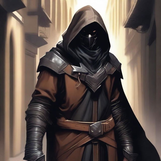 A black and tan rogue character, dressed in dark leather armor with a hood and cloak, standing in a shadowy alleyway