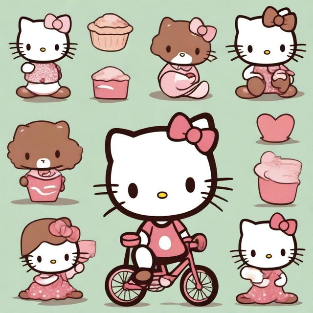 Create 10 different images of a cute brown-skinned Hello Kitty character engaging in various activities