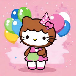 Create an image of a cute brown-skinned Hello Kitty character saying 'Happy Birthday