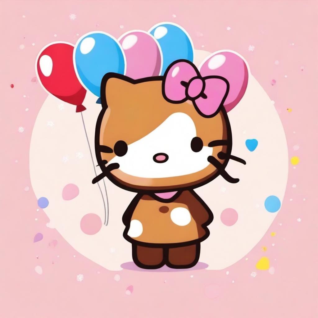 Create an image of a cute brown-skinned Hello Kitty character saying 'Happy Birthday