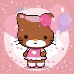 Create an image of a cute brown-skinned Hello Kitty character saying 'Happy Birthday