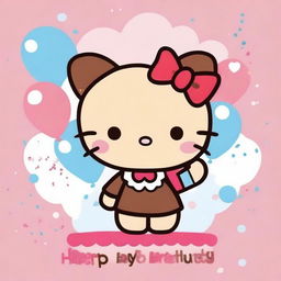 Create an image of a cute brown-skinned Hello Kitty character saying 'Happy Birthday