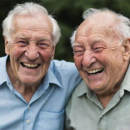 An image of two elderly brothers, both expressively wrinkled and laughing, their faces telling stories of a life filled with experiences.