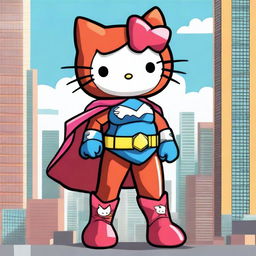 A superhero version of Hello Kitty with brown skin, wearing a vibrant superhero costume with a cape, standing in a heroic pose