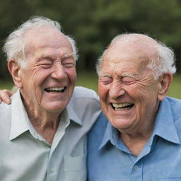 An image of two elderly brothers, both expressively wrinkled and laughing, their faces telling stories of a life filled with experiences.