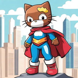 A superhero version of Hello Kitty with brown skin, wearing a vibrant superhero costume with a cape, standing in a heroic pose