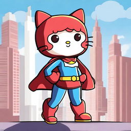 A superhero version of Hello Kitty with brown skin, wearing a vibrant superhero costume with a cape, standing in a heroic pose