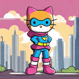 A superhero version of Hello Kitty with brown skin, wearing a vibrant superhero costume with a cape, standing in a heroic pose