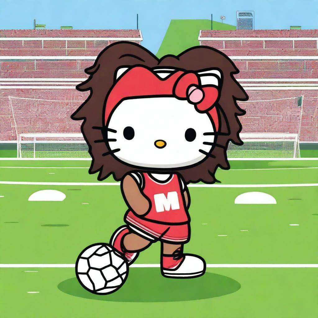 Hello Kitty with brown skin and dreadlocks, wearing a sporty outfit and playing a sport like soccer or basketball