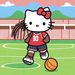 Hello Kitty with brown skin and dreadlocks, wearing a sporty outfit and playing a sport like soccer or basketball