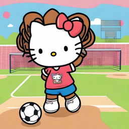 Hello Kitty with brown skin and dreadlocks, wearing a sporty outfit and playing a sport like soccer or basketball