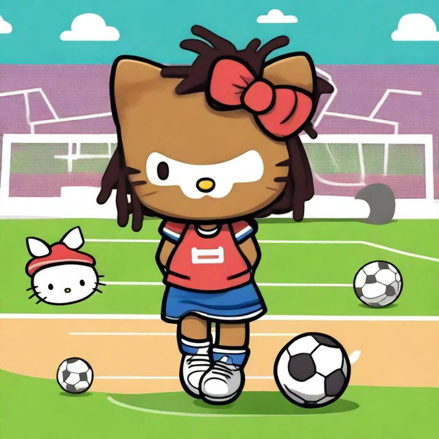 Hello Kitty with brown skin and dreadlocks, wearing a sporty outfit and playing a sport like soccer or basketball