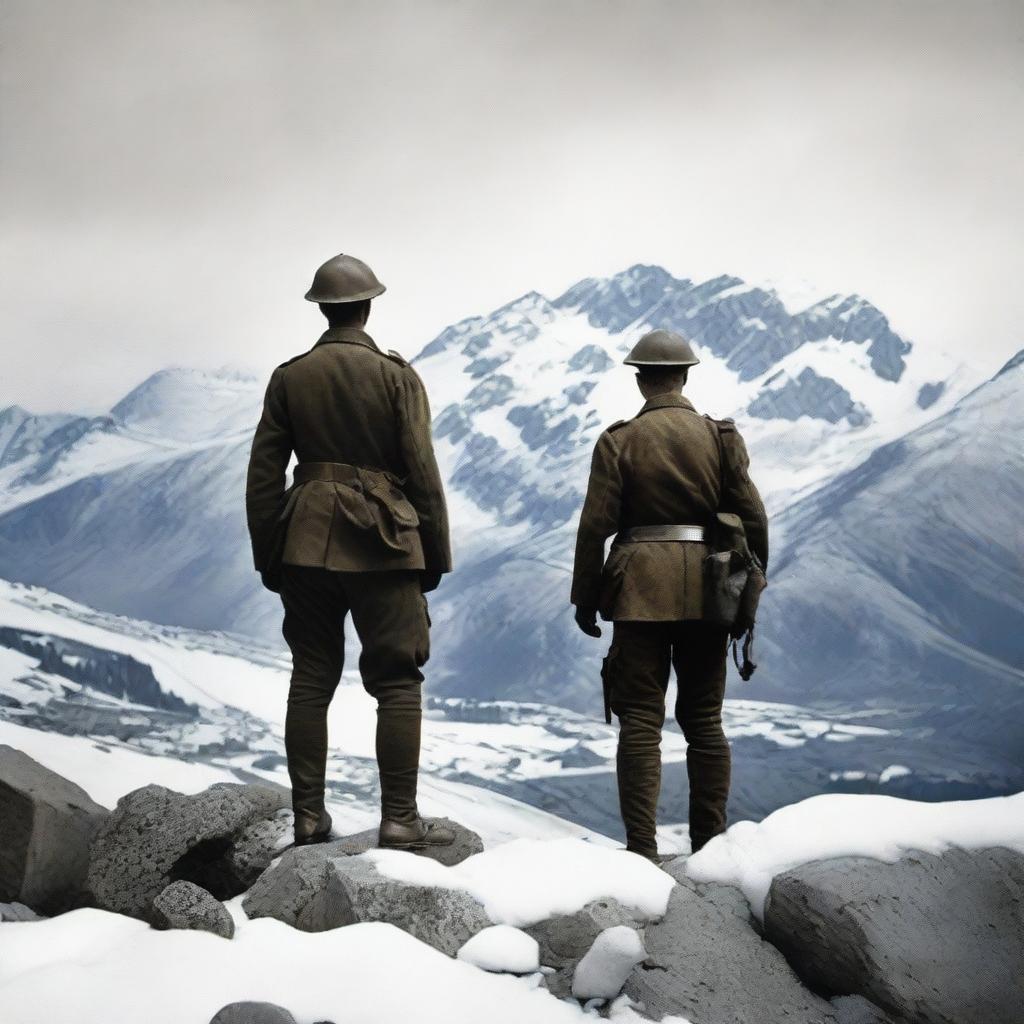 Two World War 1 Italian soldiers in uniform standing on a rocky outcrop, looking over a vast mountainous landscape