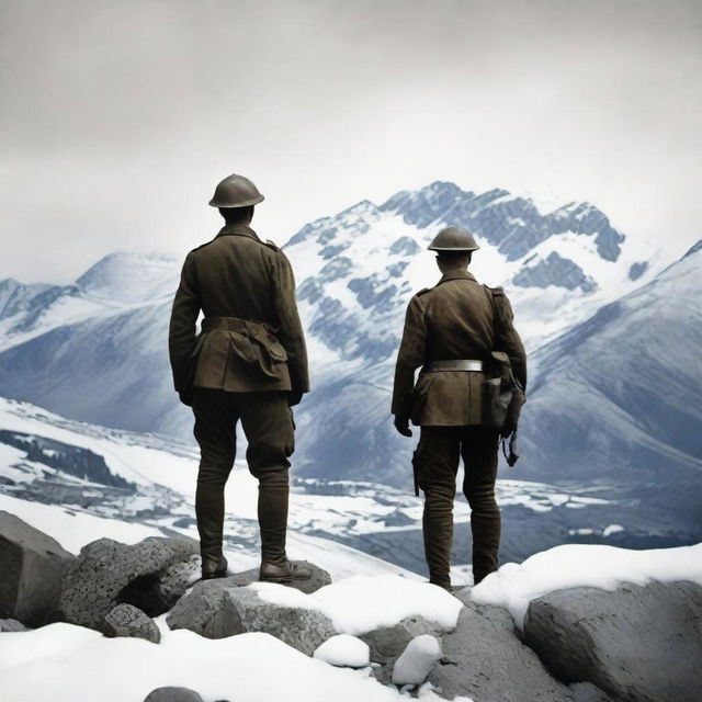 Two World War 1 Italian soldiers in uniform standing on a rocky outcrop, looking over a vast mountainous landscape