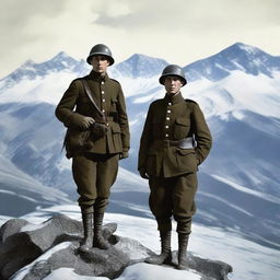 Two World War 1 Italian soldiers in uniform standing on a rocky outcrop, looking over a vast mountainous landscape