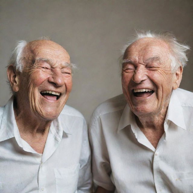 An image of two elderly brothers, both expressively wrinkled and laughing, their faces telling stories of a life filled with experiences.