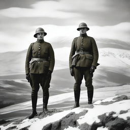 Two World War 1 Italian soldiers in uniform standing on a rocky outcrop, looking over a vast mountainous landscape