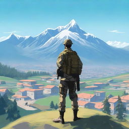 A soldier in uniform standing on a hill, staring at a mountain range where a quaint mountain town is nestled among the peaks