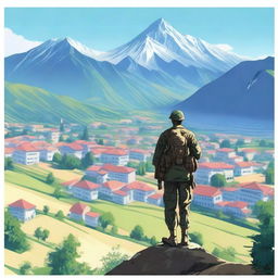 A soldier in uniform standing on a hill, staring at a mountain range where a quaint mountain town is nestled among the peaks