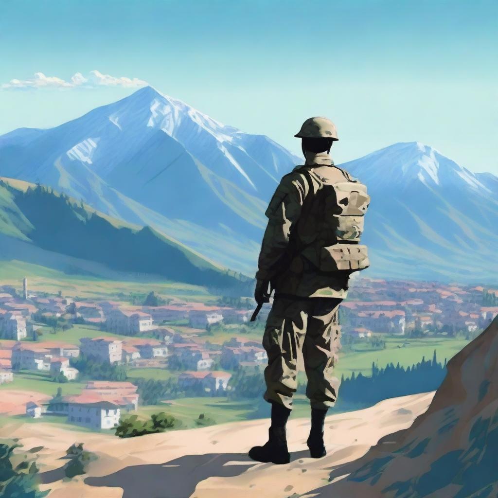 A soldier in uniform standing on a hill, staring at a mountain range where a quaint mountain town is nestled among the peaks