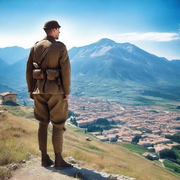 A World War 1 Italian soldier in uniform standing on a hill, staring at a mountain range where a quaint mountain town is nestled among the peaks