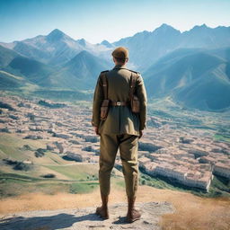 A World War 1 Italian soldier in uniform standing on a hill, staring at a mountain range where a quaint mountain town is nestled among the peaks