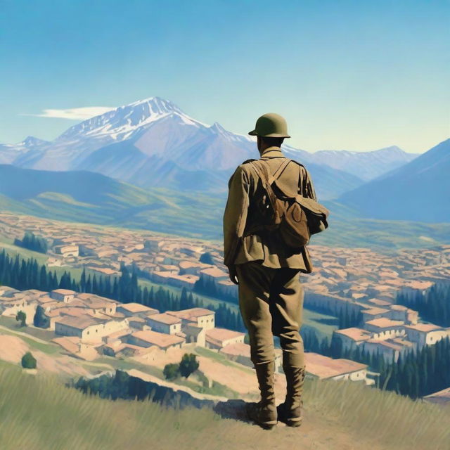 A World War 1 Italian soldier in uniform standing on a hill, staring at a mountain range where a quaint mountain town is nestled among the peaks