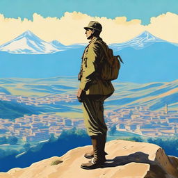 A World War 1 Italian soldier in uniform standing on a hill, staring at a mountain range where a quaint mountain town is nestled among the peaks