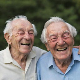 An image of two elderly brothers, both expressively wrinkled and laughing, their faces telling stories of a life filled with experiences.