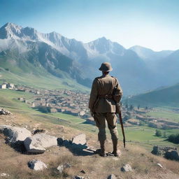 A World War 1 Italian soldier in uniform standing on a hill, staring at a mountain range where a small, destroyed Italian town lies in ruins among the peaks