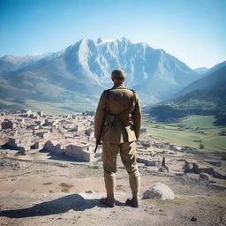 A World War 1 Italian soldier in uniform standing on a hill, staring at a mountain range where a small, destroyed Italian town lies in ruins among the peaks