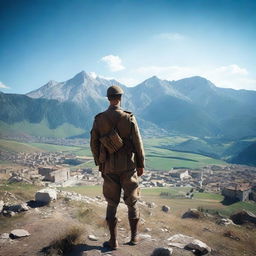 A World War 1 Italian soldier in uniform standing on a hill, staring at a mountain range where a small, destroyed Italian town lies in ruins among the peaks