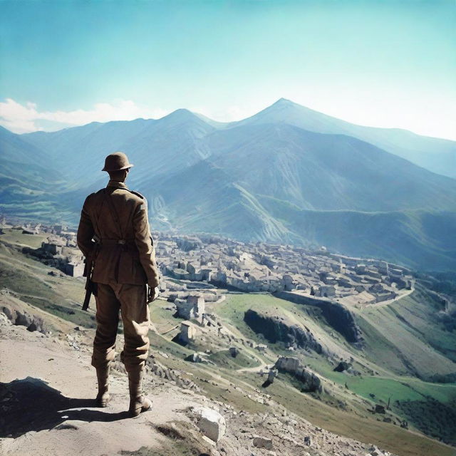 A World War 1 Italian soldier in uniform standing on a hill, staring at a mountain range where a small, destroyed Italian town lies in ruins among the peaks