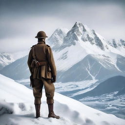 A World War 1 Italian soldier in uniform standing on a hill, staring at a snowy mountain range