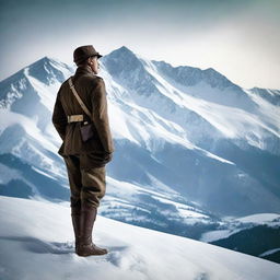 A World War 1 Italian soldier in uniform standing on a hill, staring at a snowy mountain range