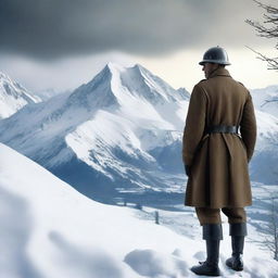 A World War 1 Italian soldier in uniform standing on a hill, staring at a snowy mountain range