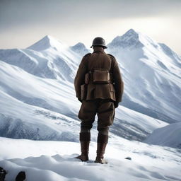 A World War 1 Italian soldier in uniform standing on a hill, staring at a snowy mountain range